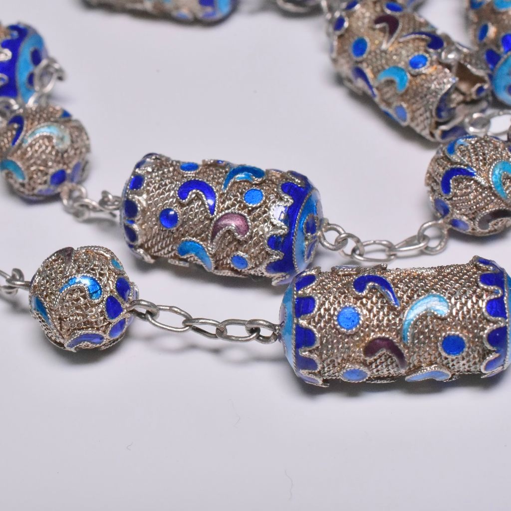 Vintage Sterling Silver And Enamel Long Chain - 75cm