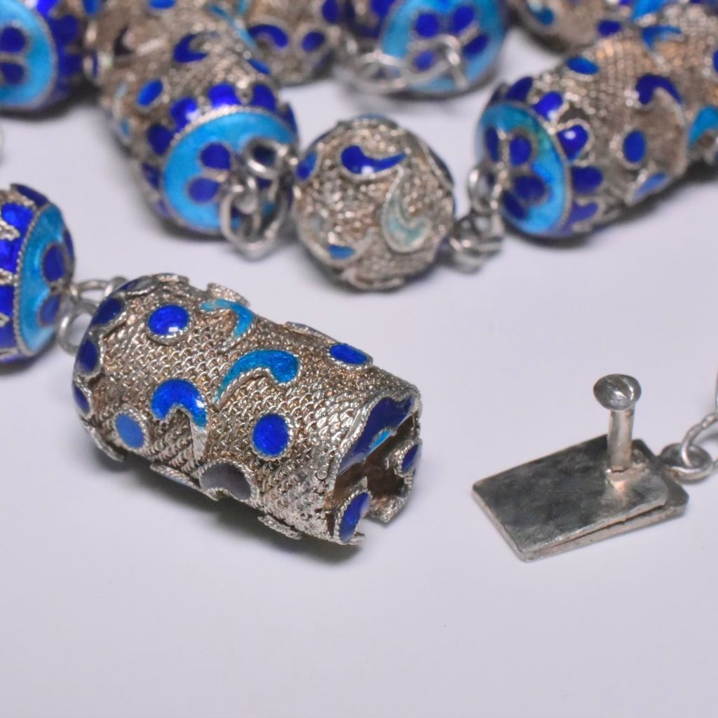 Vintage Sterling Silver And Enamel Long Chain - 75cm