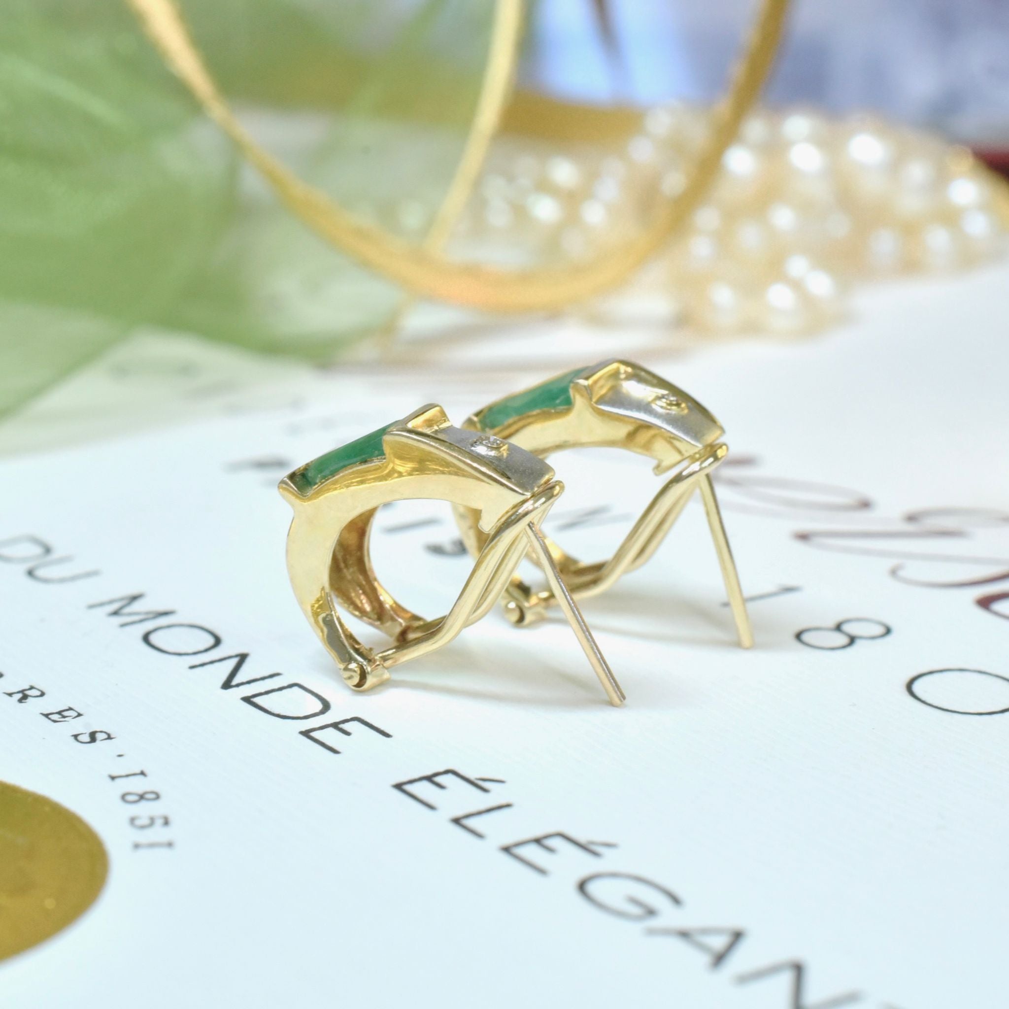 Stunning Modern 14ct Yellow Gold Emerald And Diamond Earrings