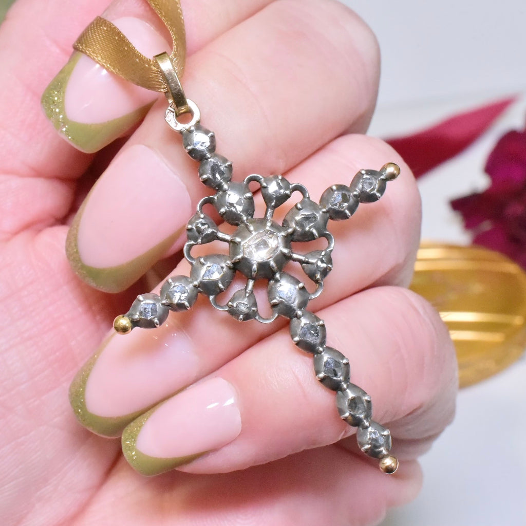 Antique Victorian ‘Flemish’ 14ct And Silver Rose-Cut / ‘Senaille’ Diamond Cross - Circa 1860-80