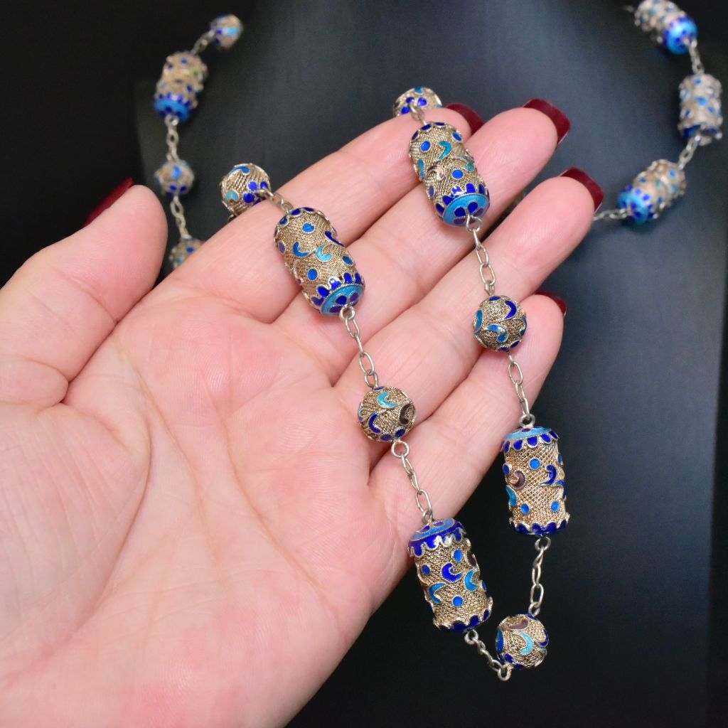 Vintage Sterling Silver And Enamel Long Chain - 75cm
