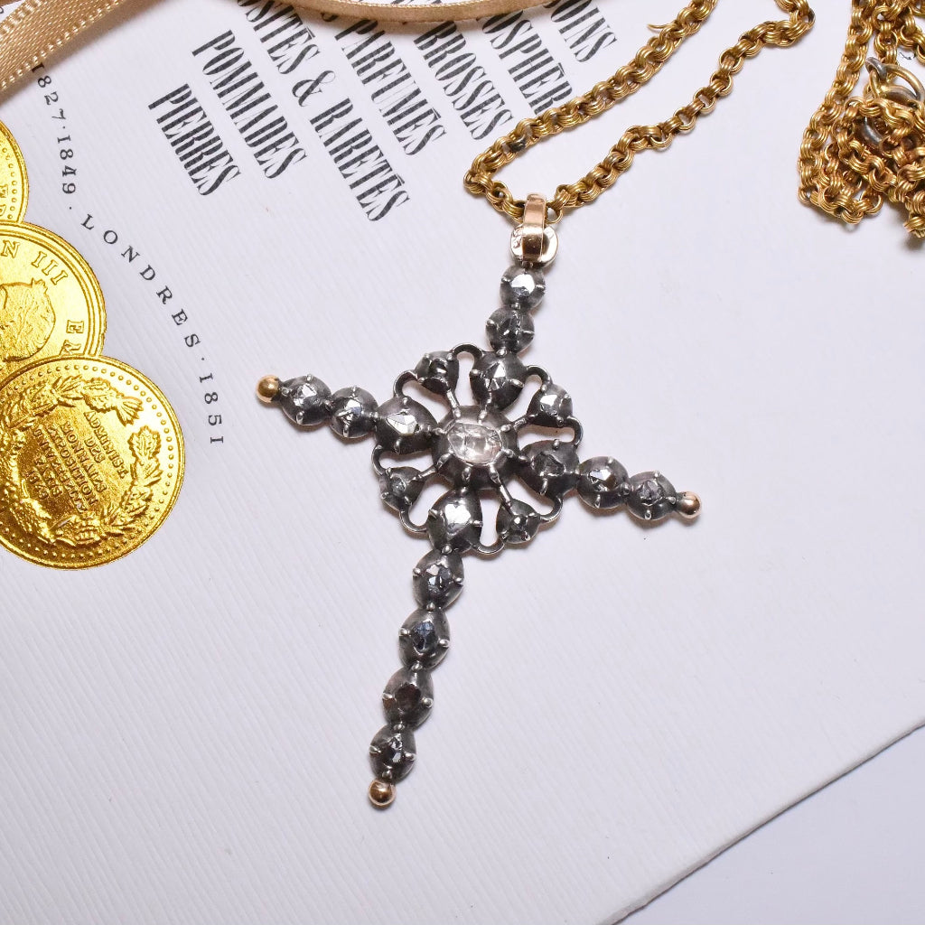 Antique Victorian ‘Flemish’ 14ct And Silver Rose-Cut / ‘Senaille’ Diamond Cross - Circa 1860-80
