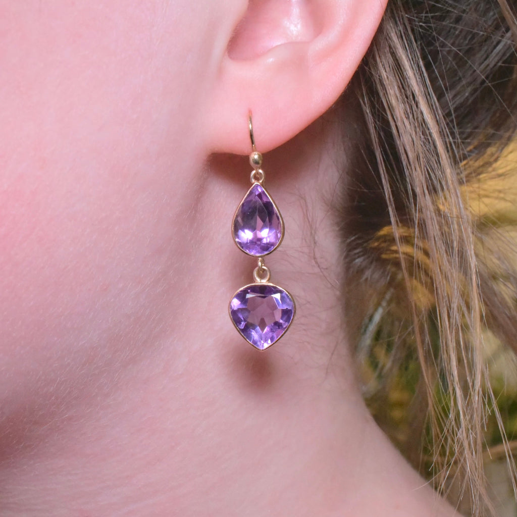 Modern 9ct Rose Gold Articulated Amethyst ‘Heart’ Drop Earrings
