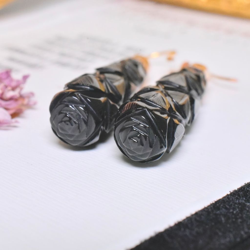 Antique Victorian 9ct Rose Gold Carved Whitby Jet Pendeloque Earrings Circa 1880’s