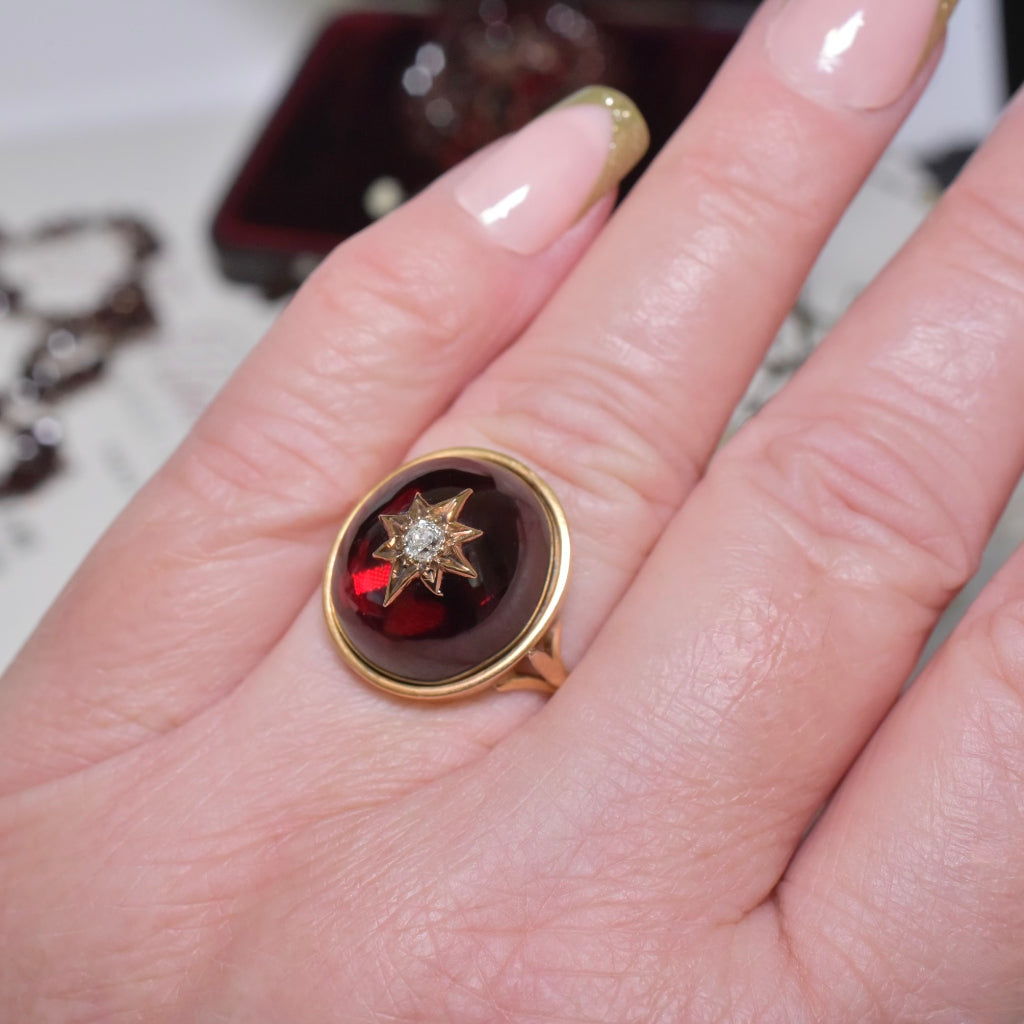 Antique Victorian 14ct Gold Carbuncle ‘Star’ OMC Diamond Set Ring - Circa 1880-90