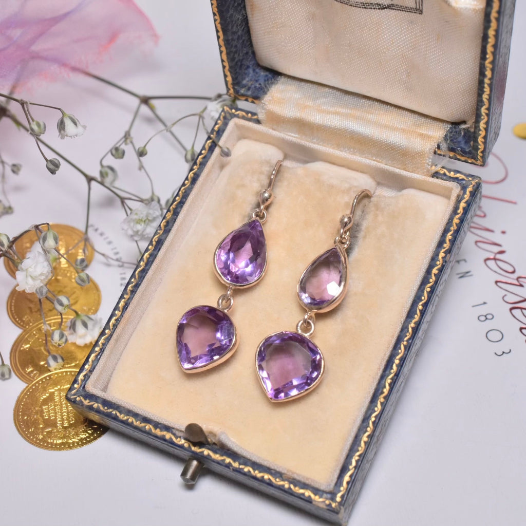 Modern 9ct Rose Gold Articulated Amethyst ‘Heart’ Drop Earrings