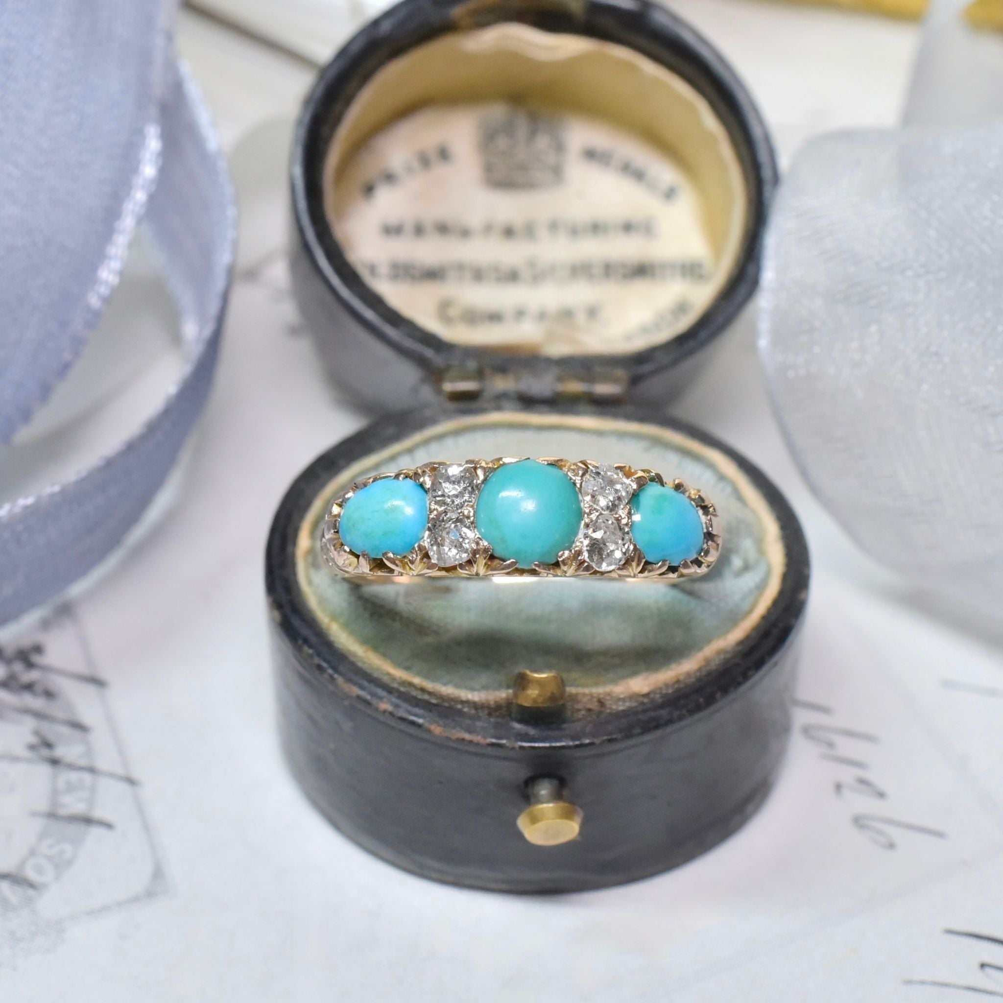 Antique Victorian 9ct Yellow Gold Turquoise And Diamond Ring Circa 1890-1900