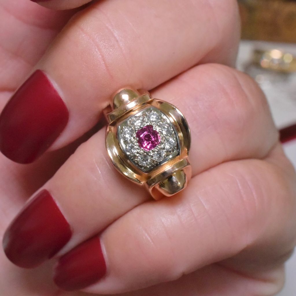 Vintage Retro French 18ct Rose Gold Diamond And Ruby Tank Ring Circa 1940’s
