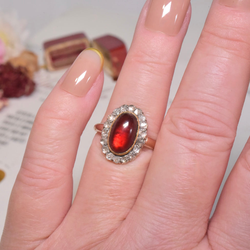 Antique Victorian 15ct Rose Gold Carbuncle Garnet And Rose-Cut Diamond Halo Ring Circa 1880-90