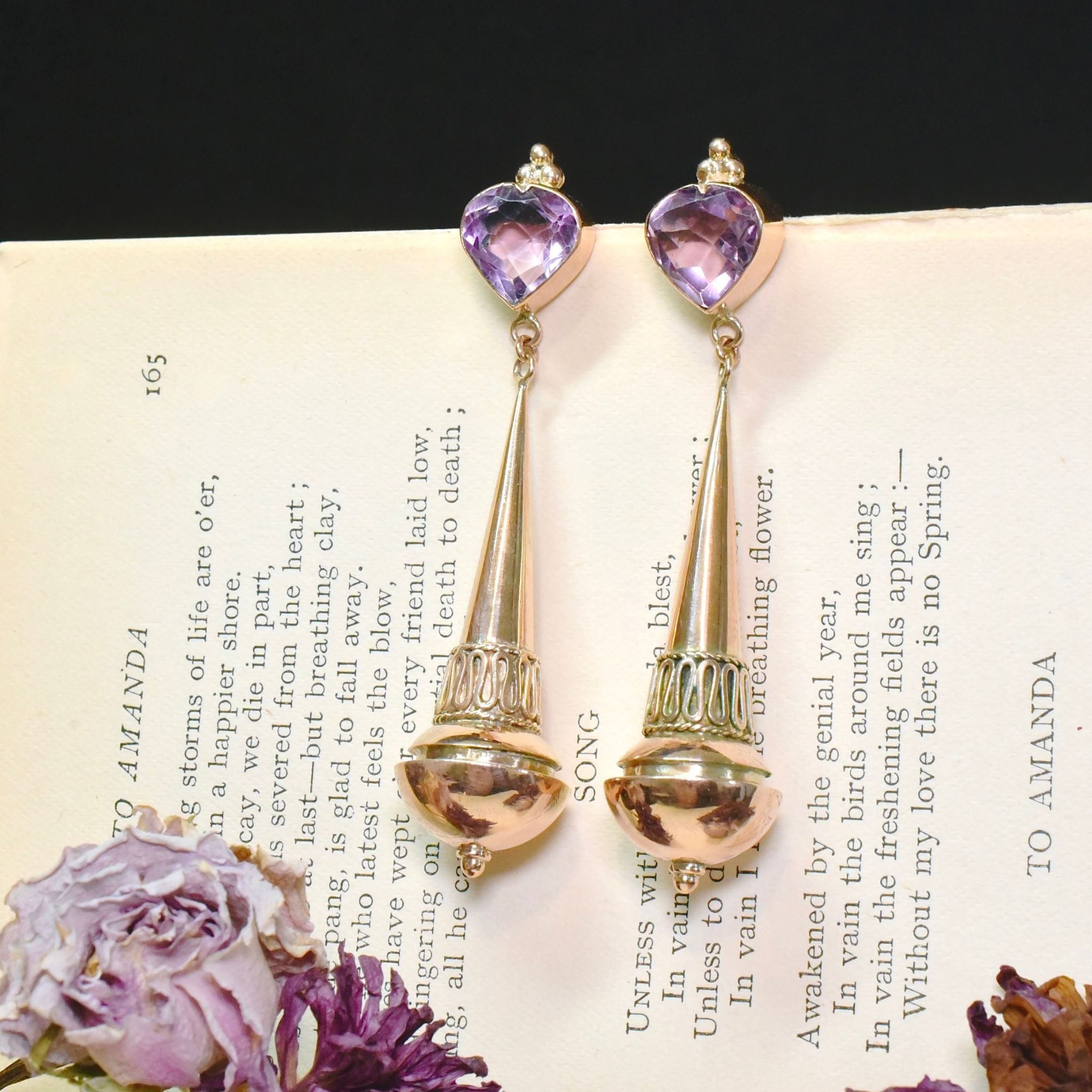 Superb Vintage 10ct Rose Gold Carved Heart Amethyst Long Drop Earrings Circa 1940’s