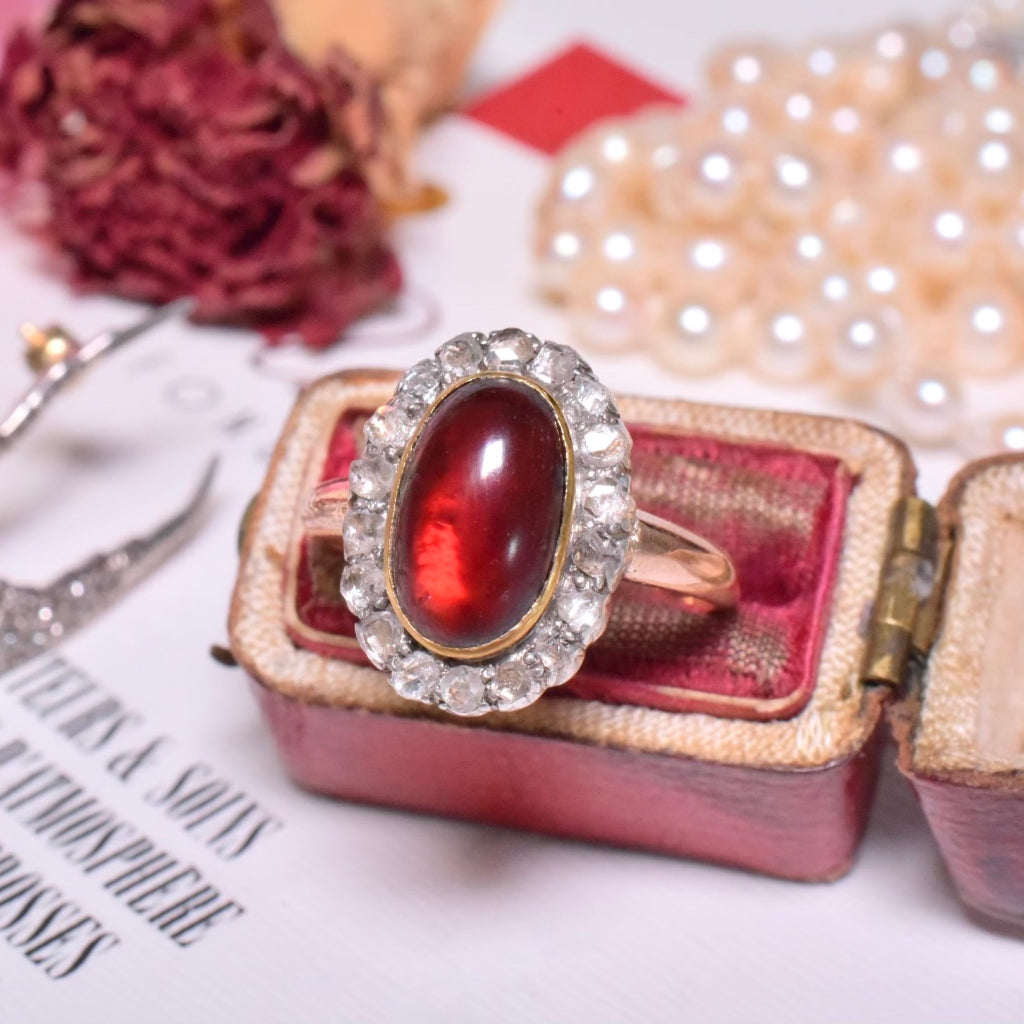 Antique Victorian 15ct Rose Gold Carbuncle Garnet And Rose-Cut Diamond Halo Ring Circa 1880-90