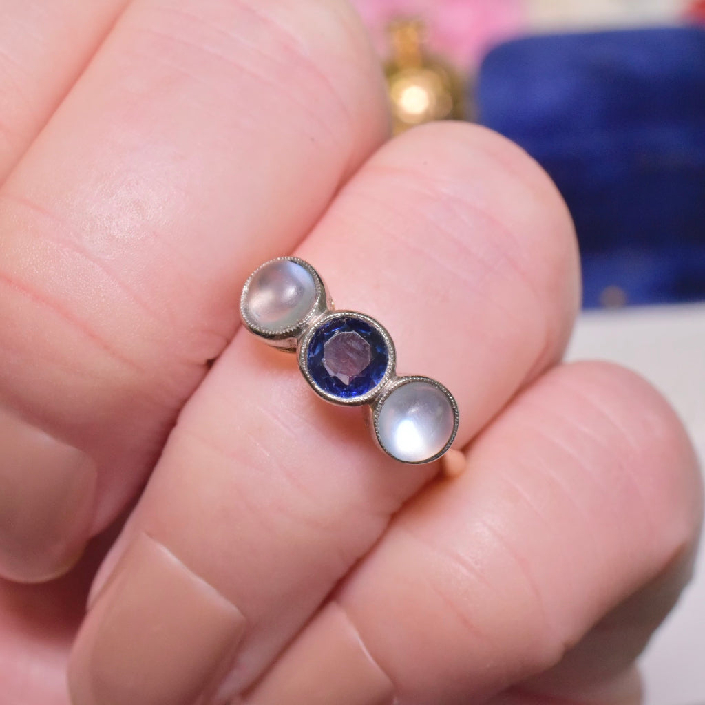 Antique Edwardian Era 18ct Yellow Gold Sapphire And Moonstone Trilogy Ring