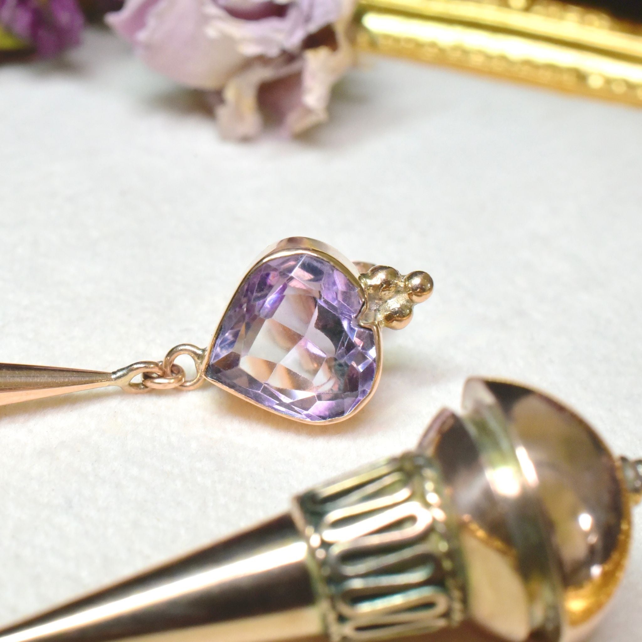 Superb Vintage 10ct Rose Gold Carved Heart Amethyst Long Drop Earrings Circa 1940’s