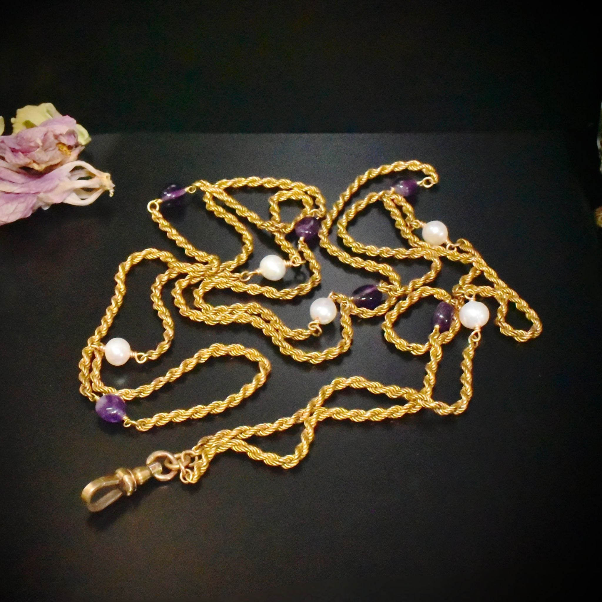 Antique/Vintage Art Deco Era ‘Rolled Gold’ Amethyst & Pearl Long Guard Chain