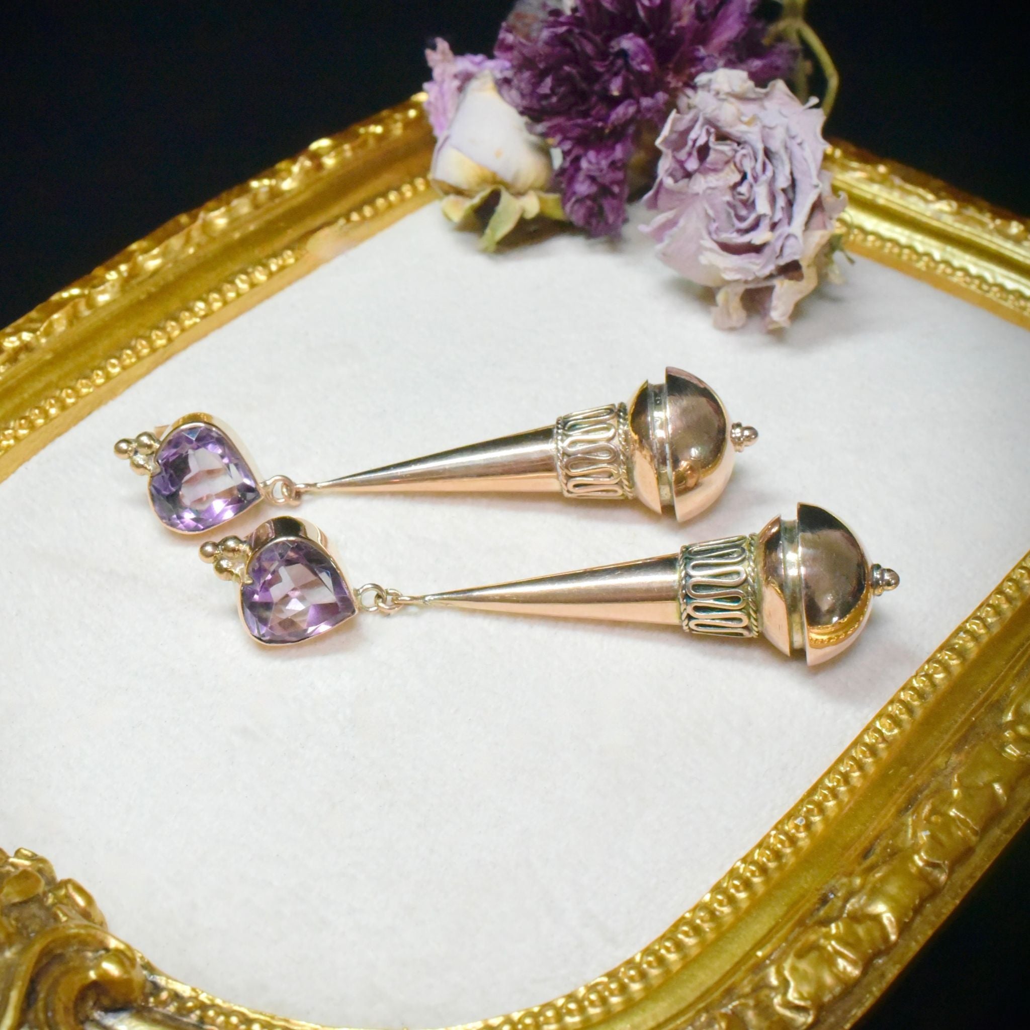 Superb Vintage 10ct Rose Gold Carved Heart Amethyst Long Drop Earrings Circa 1940’s