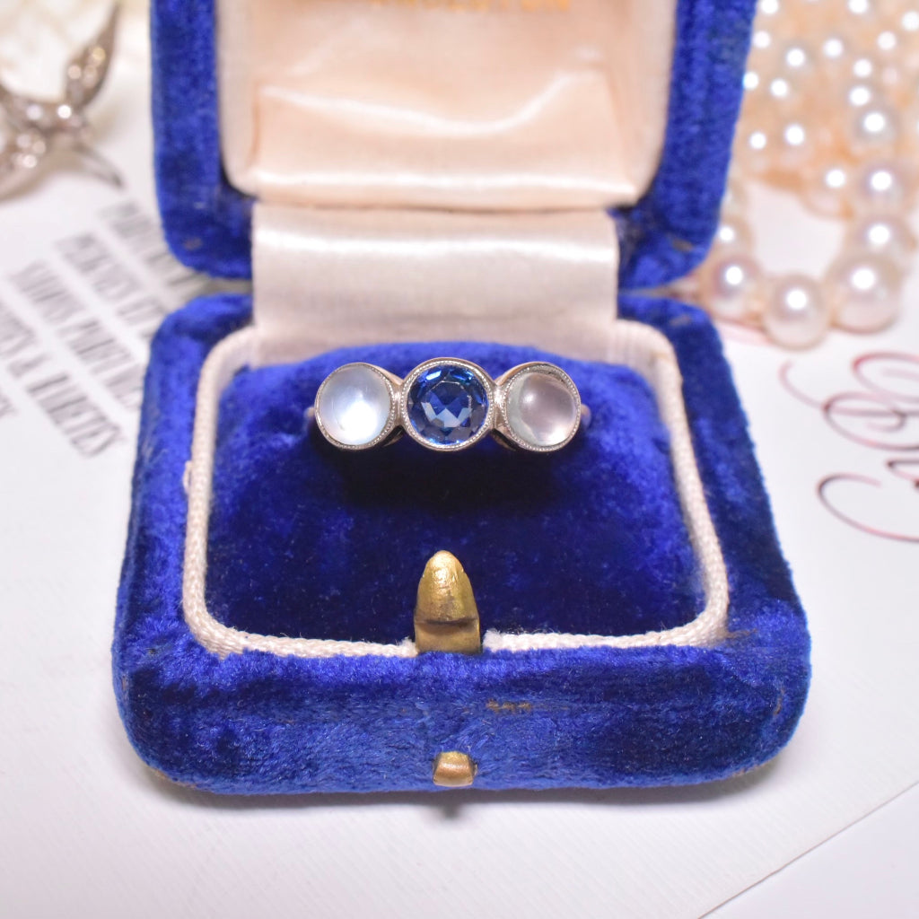 Antique Edwardian Era 18ct Yellow Gold Sapphire And Moonstone Trilogy Ring