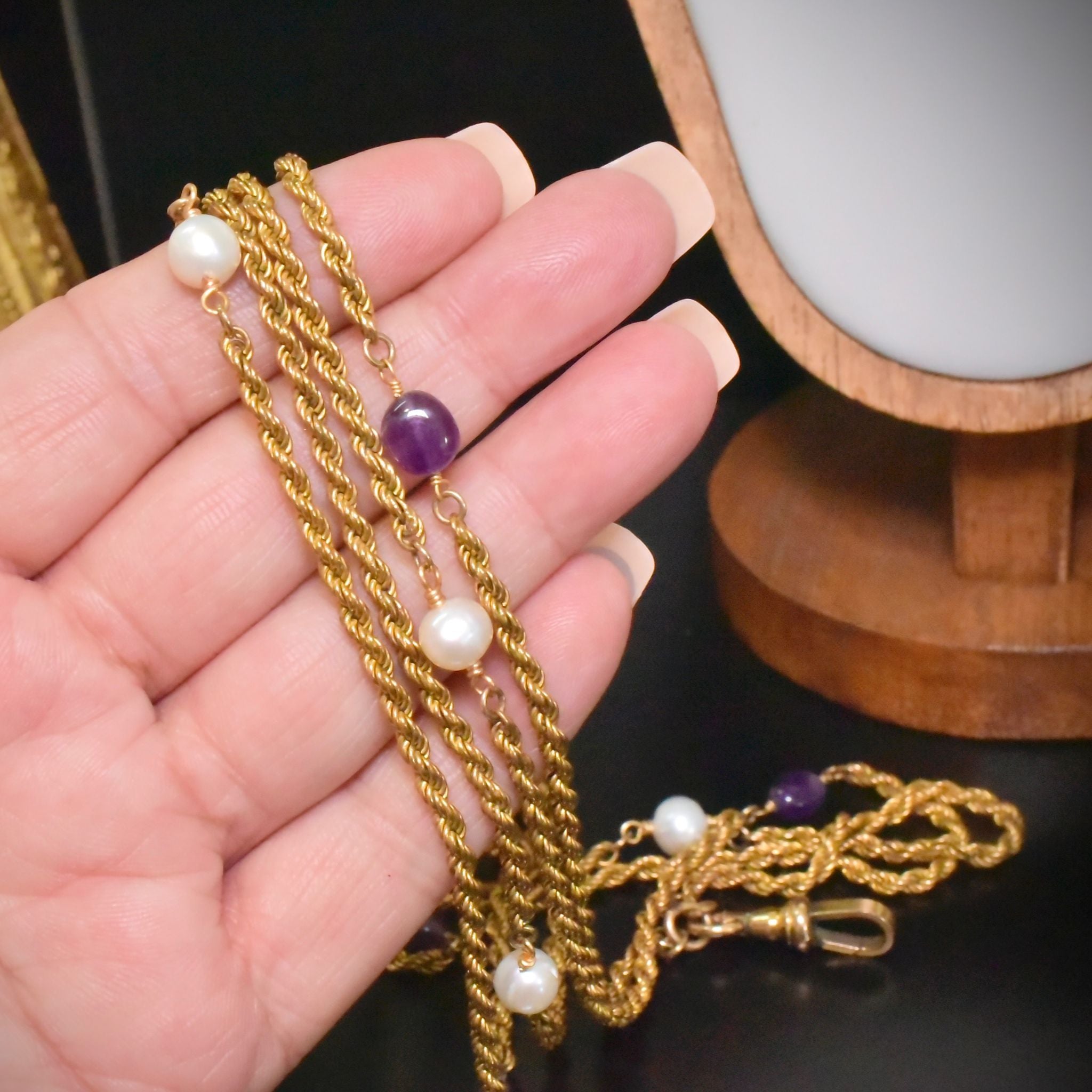 Antique/Vintage Art Deco Era ‘Rolled Gold’ Amethyst & Pearl Long Guard Chain