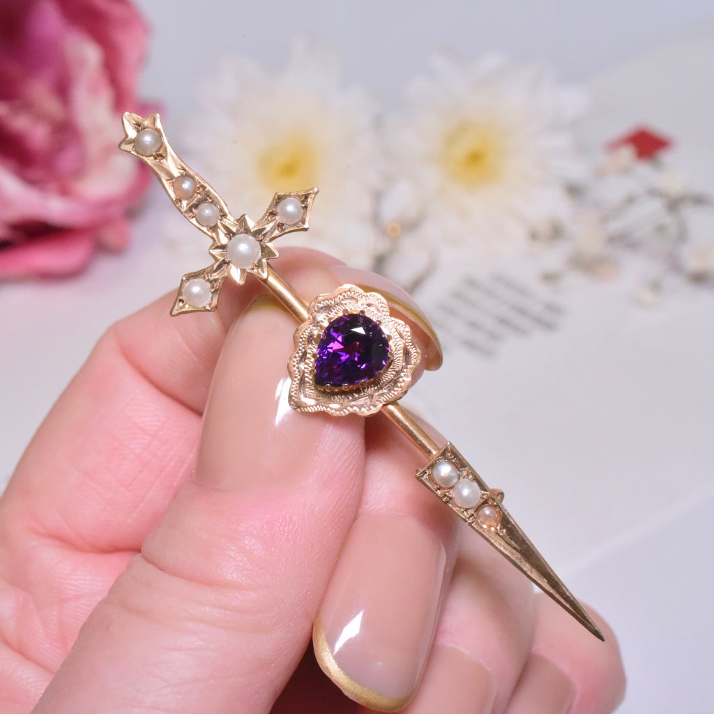 Antique Australian 9ct Rose Gold And Amethyst Heart Seed Pearl ‘Arrow’ Brooch Circa 1915