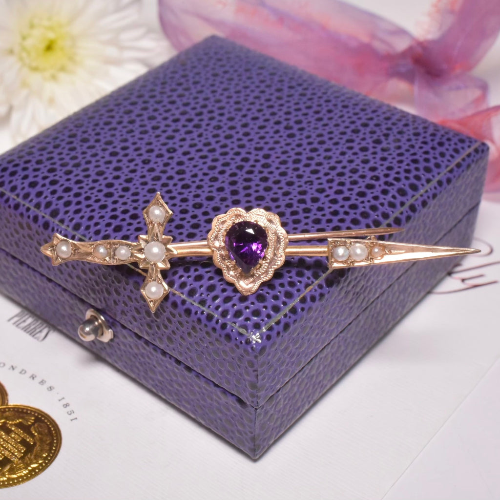 Antique Australian 9ct Rose Gold And Amethyst Heart Seed Pearl ‘Arrow’ Brooch Circa 1915