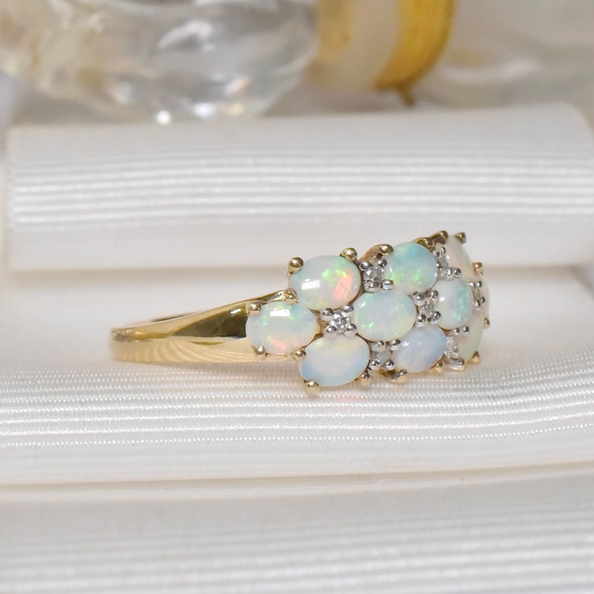 Contemporary 9ct Yellow Gold Crystal Opal And Diamond Ring