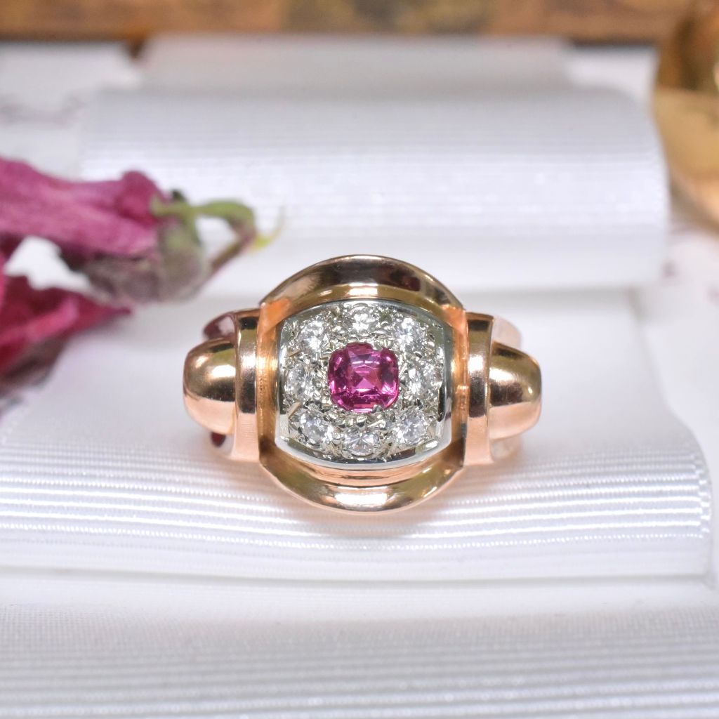 Vintage Retro French 18ct Rose Gold Diamond And Ruby Tank Ring Circa 1940’s