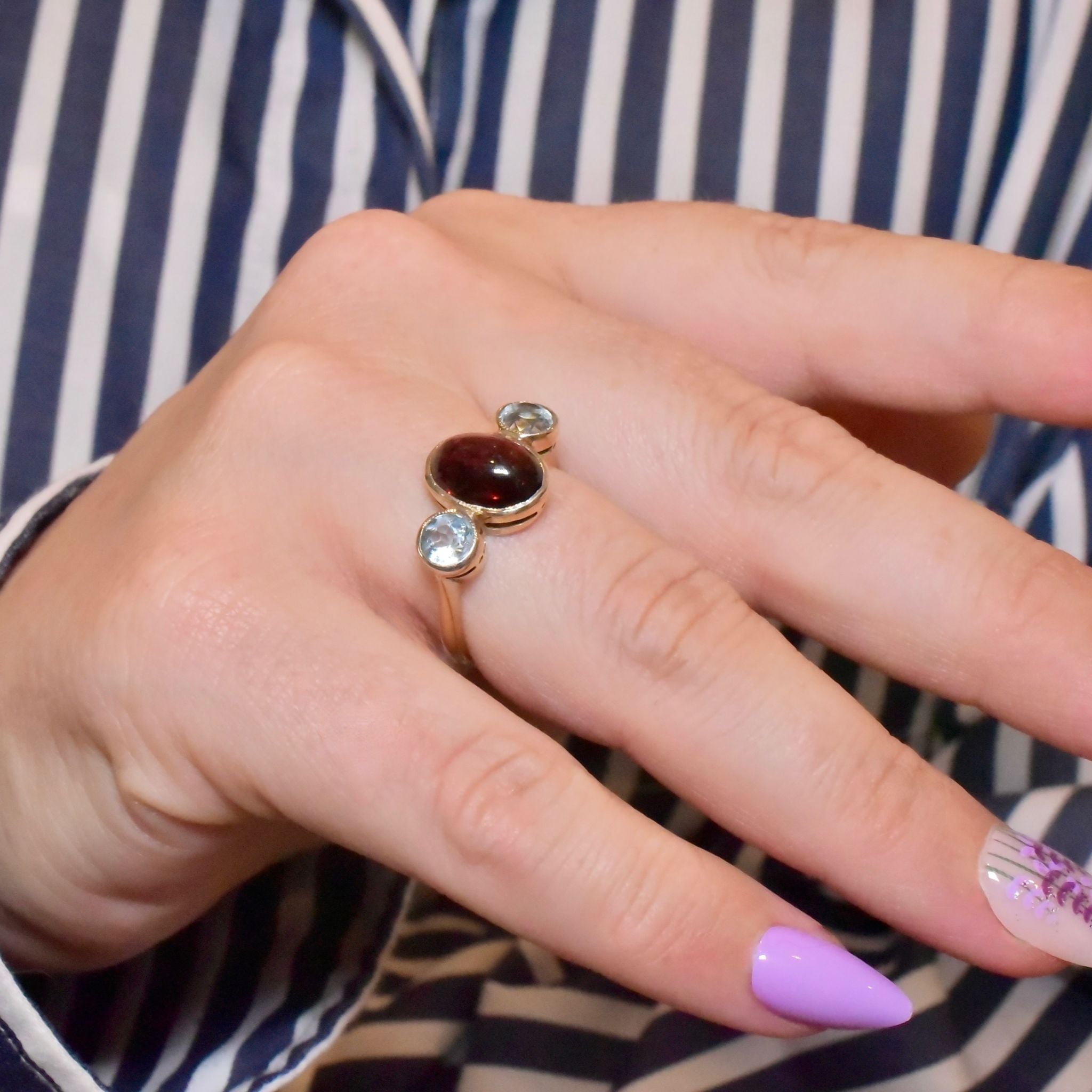 Vintage 9ct Yellow Gold Cabochon Garnet And Aquamarine Ring