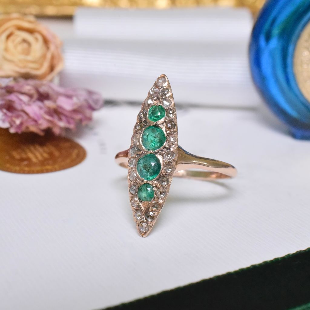 Stunning Antique Victorian 9ct Rose Gold Emerald And Rose-Cut Diamond Ring Circa 1897