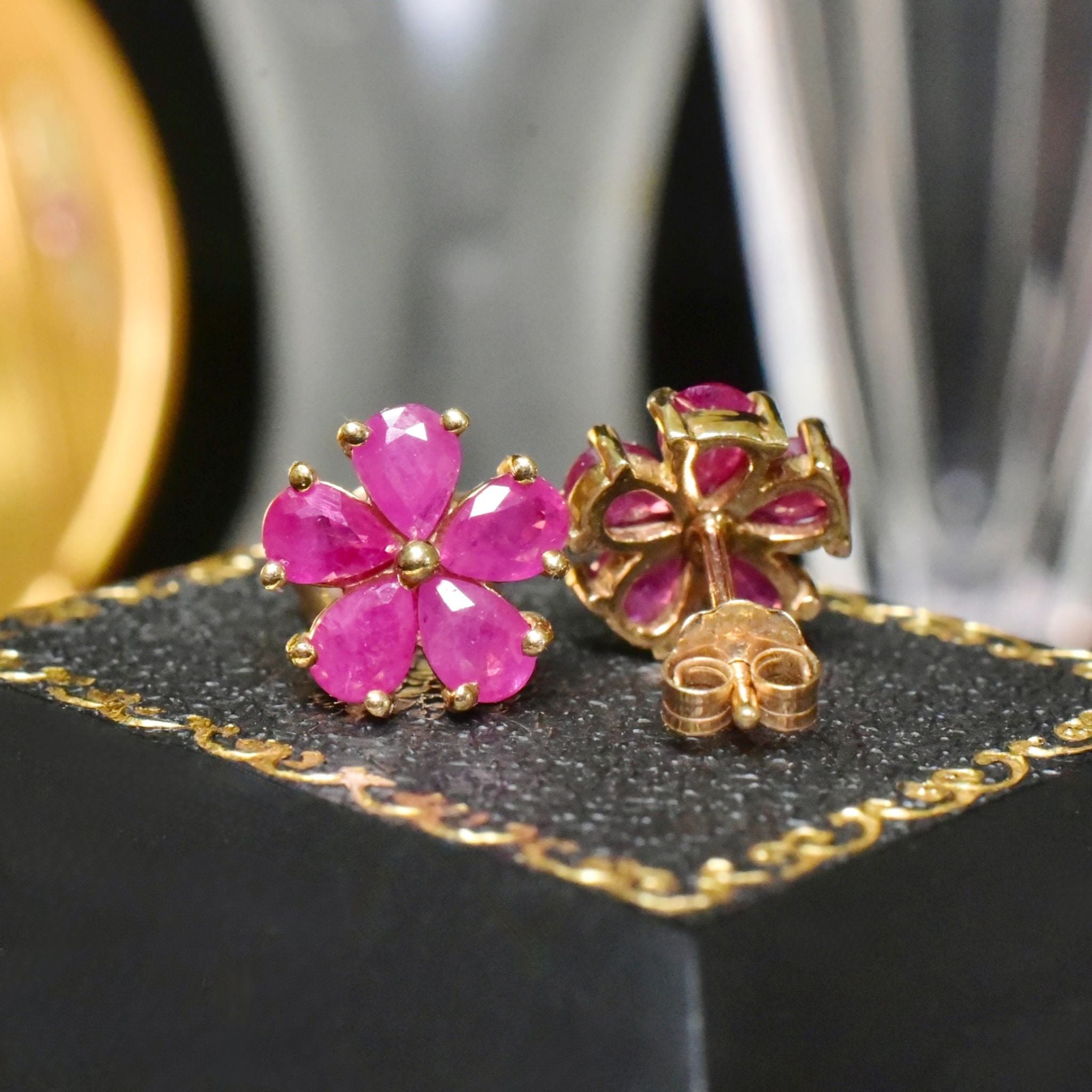 Contemporary 9ct Yellow Gold Ruby ‘Daisy Cluster’ Earrings