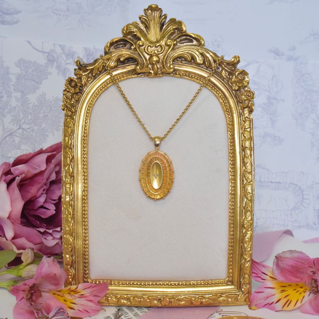 Antique Victorian 15ct Yellow Gold Etruscan Revival Diamond Locket - Chester 1887