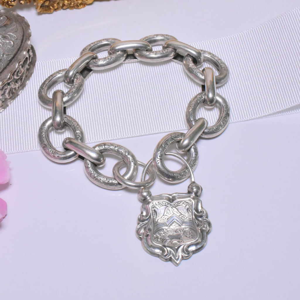 Antique Victorian Sterling Silver Engraved Padlock Bracelet Circa 1890-1900
