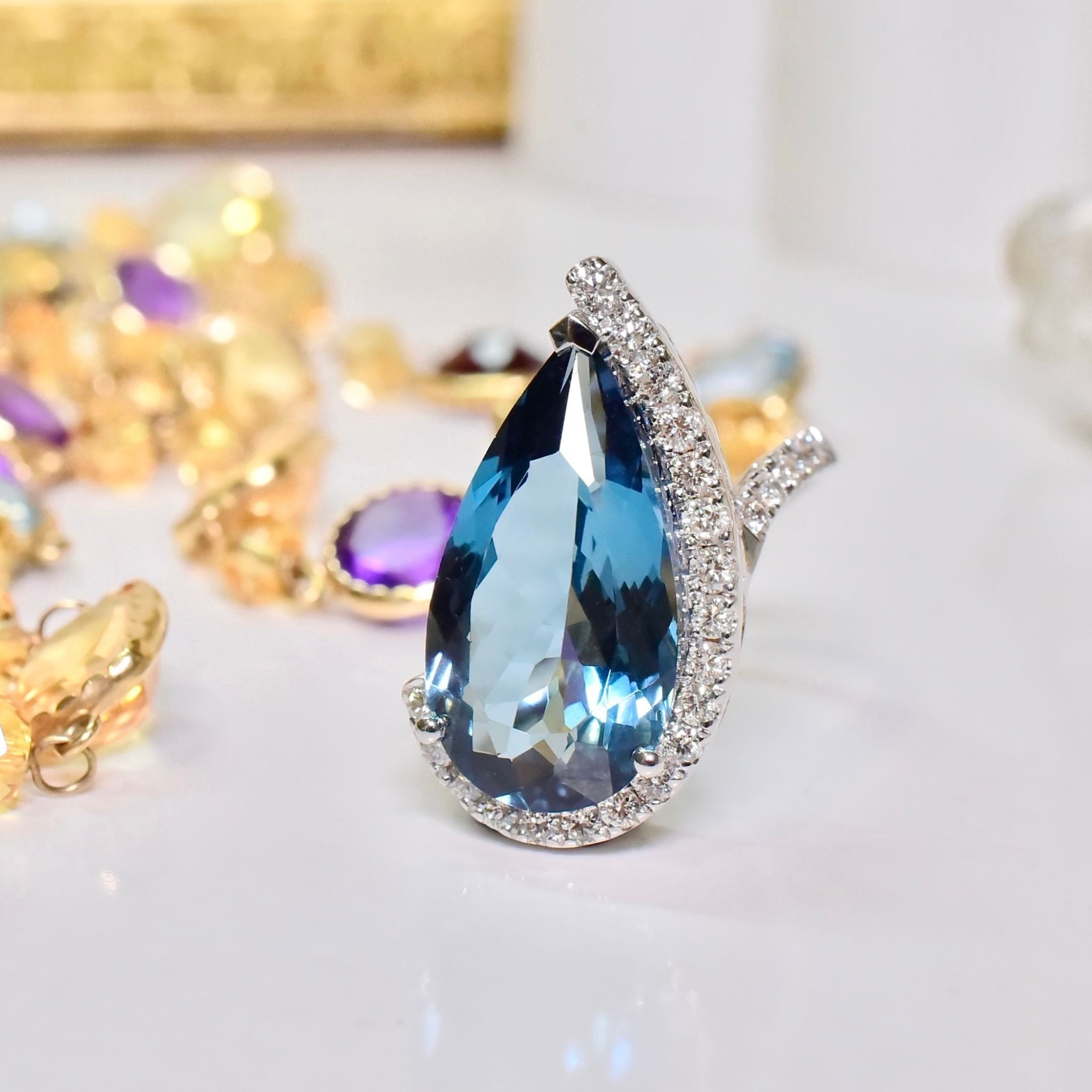 Superb 14ct White Gold Natural Blue Topaz (8.85ct) And Diamond (0.57ct) Ring