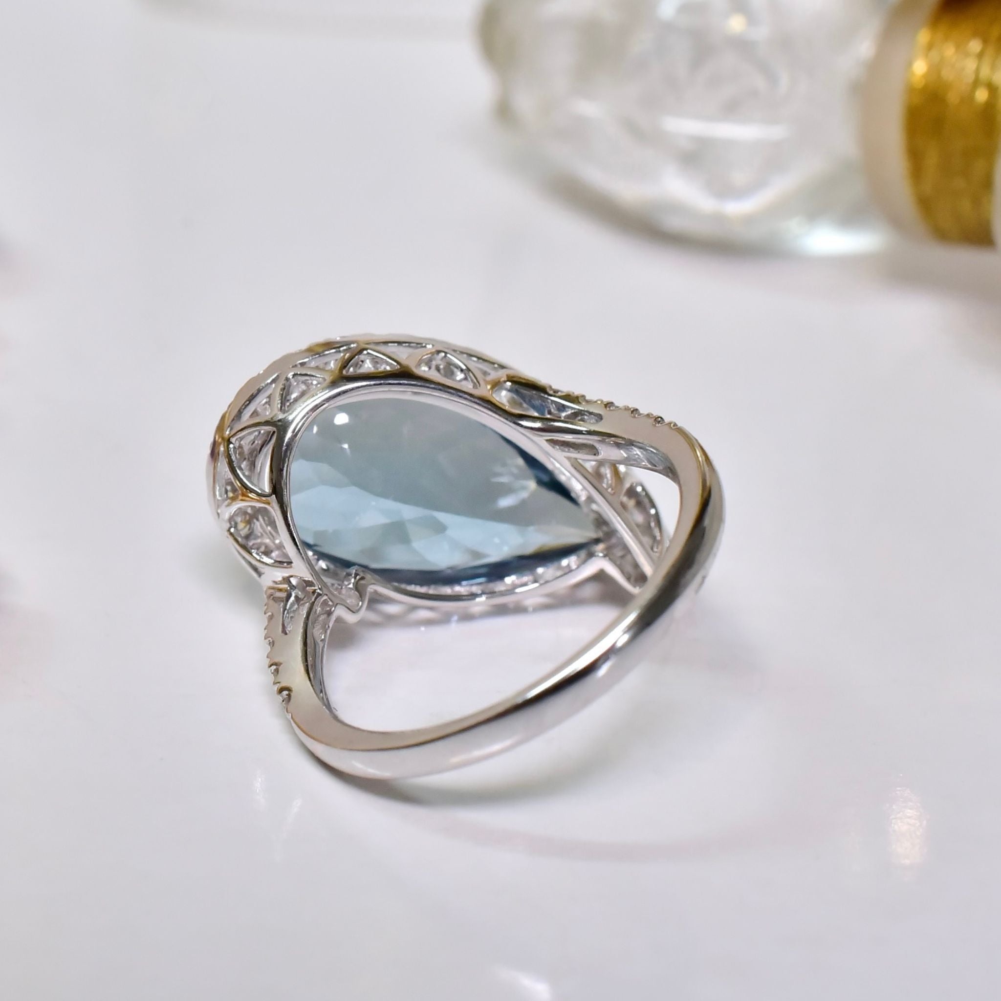 Superb 14ct White Gold Natural Blue Topaz (8.85ct) And Diamond (0.57ct) Ring