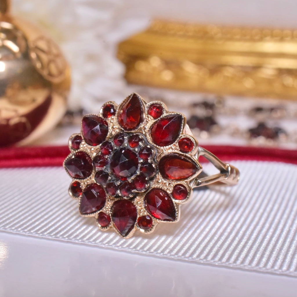 Antique 9ct Rose Gold Bohemian Garnet Flower Ring Circa 1920-30’s