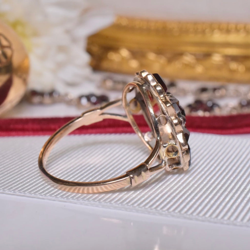 Antique 9ct Rose Gold Bohemian Garnet Flower Ring Circa 1920-30’s