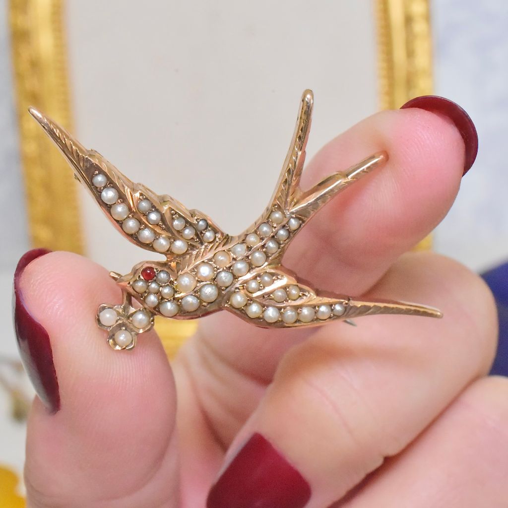 Antique Australian 9ct Rose Gold ‘Dove Of Peace’ Seed Pearl Brooch By Duggin And Shappeare - Circa 1910