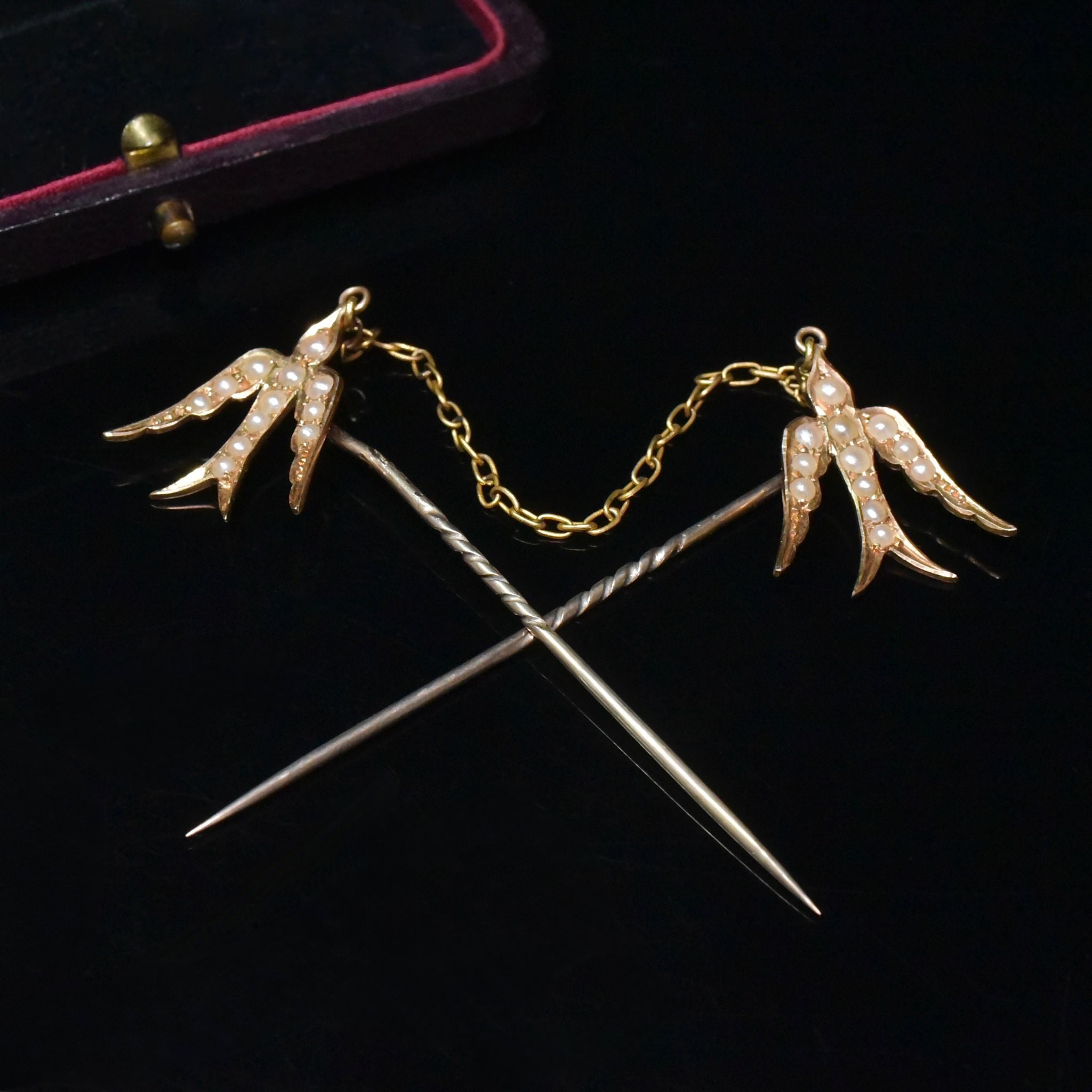 Antique Australian 15ct Rose Gold Double Swallow Seed Pearl Brooch/Pin Circa 1910