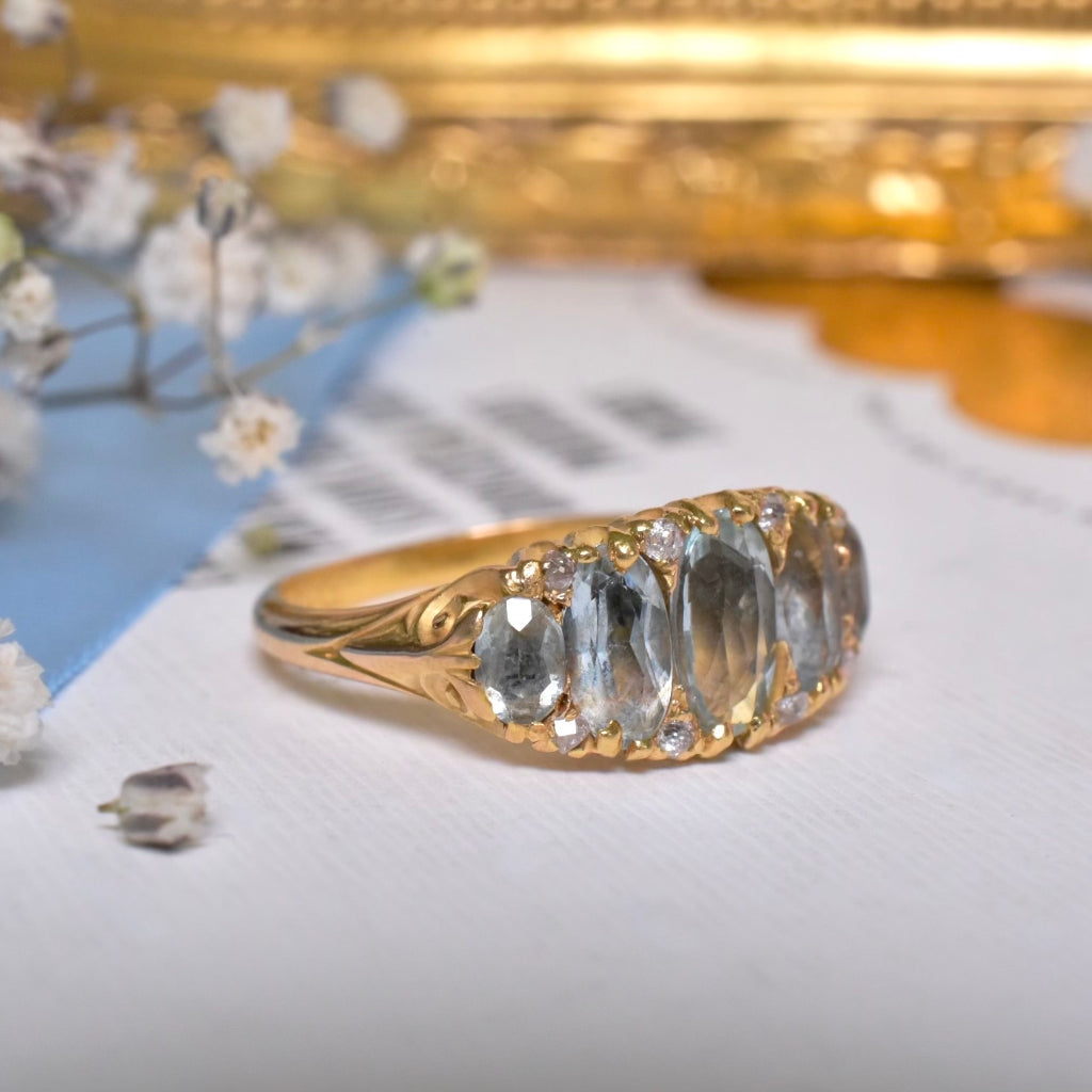 Antique Victorian 18ct Yellow Gold Half Hoop Aquamarine And Diamond Ring - Birmingham 1892