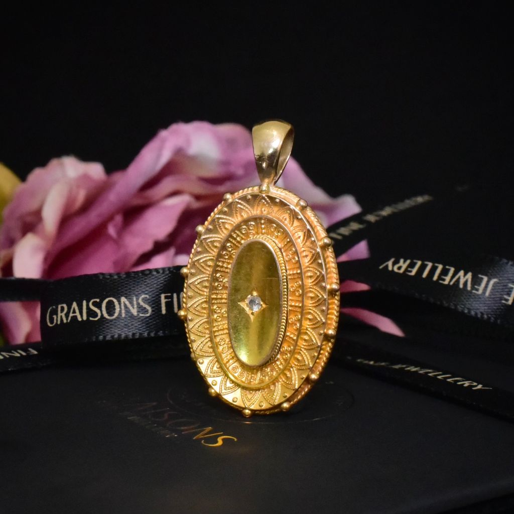 Antique Victorian 15ct Yellow Gold Etruscan Revival Diamond Locket - Chester 1887