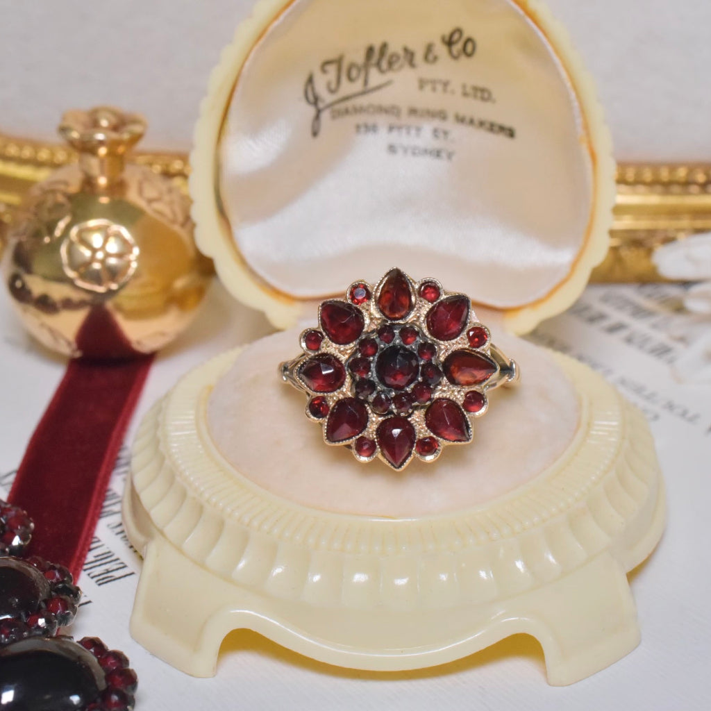 Antique 9ct Rose Gold Bohemian Garnet Flower Ring Circa 1920-30’s