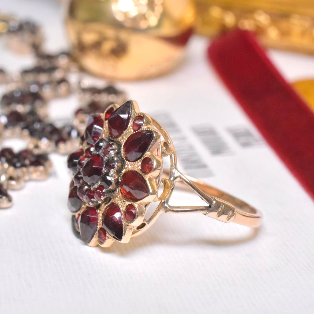Antique 9ct Rose Gold Bohemian Garnet Flower Ring Circa 1920-30’s