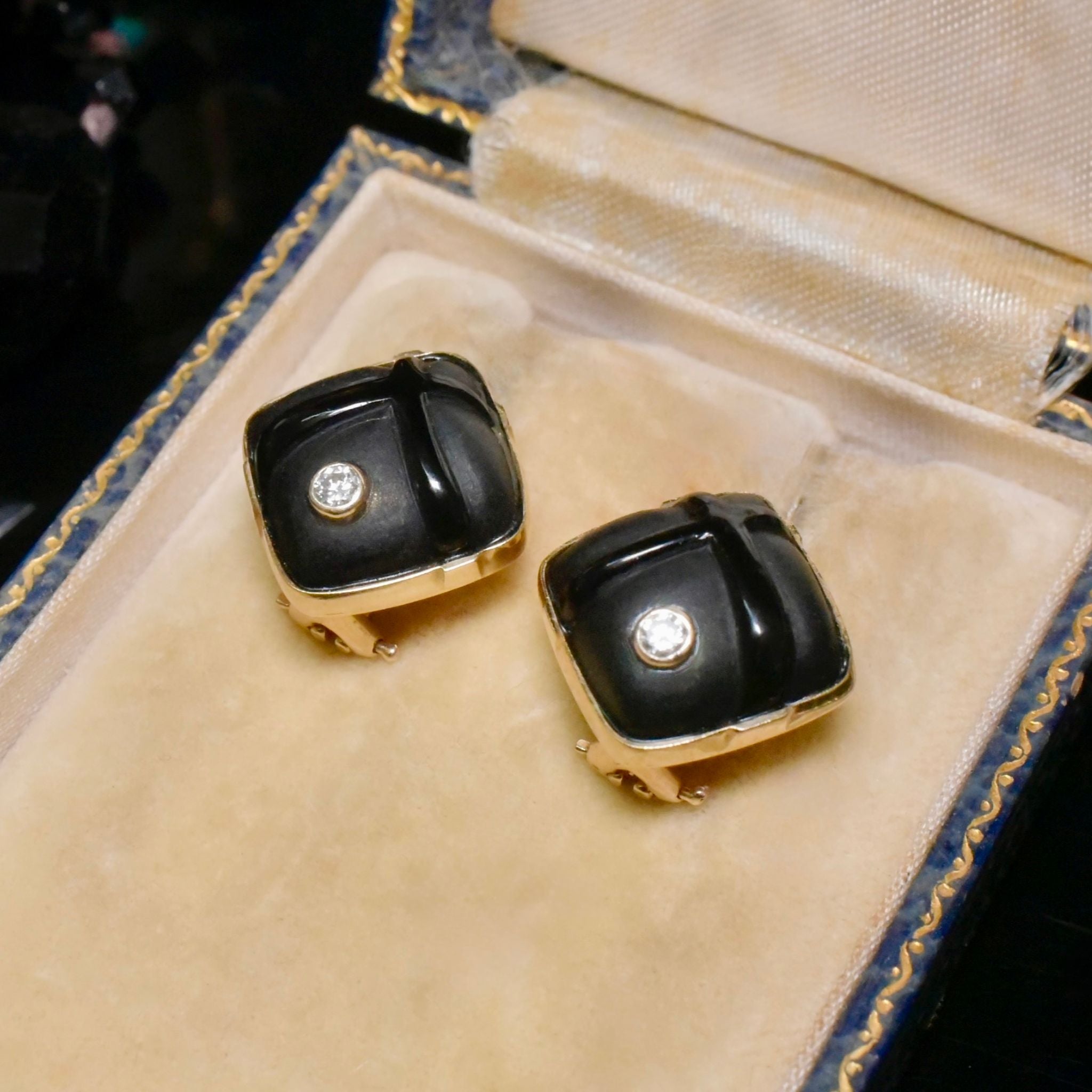 Contemporary 14ct Yellow Gold Onyx And Diamond Earrings