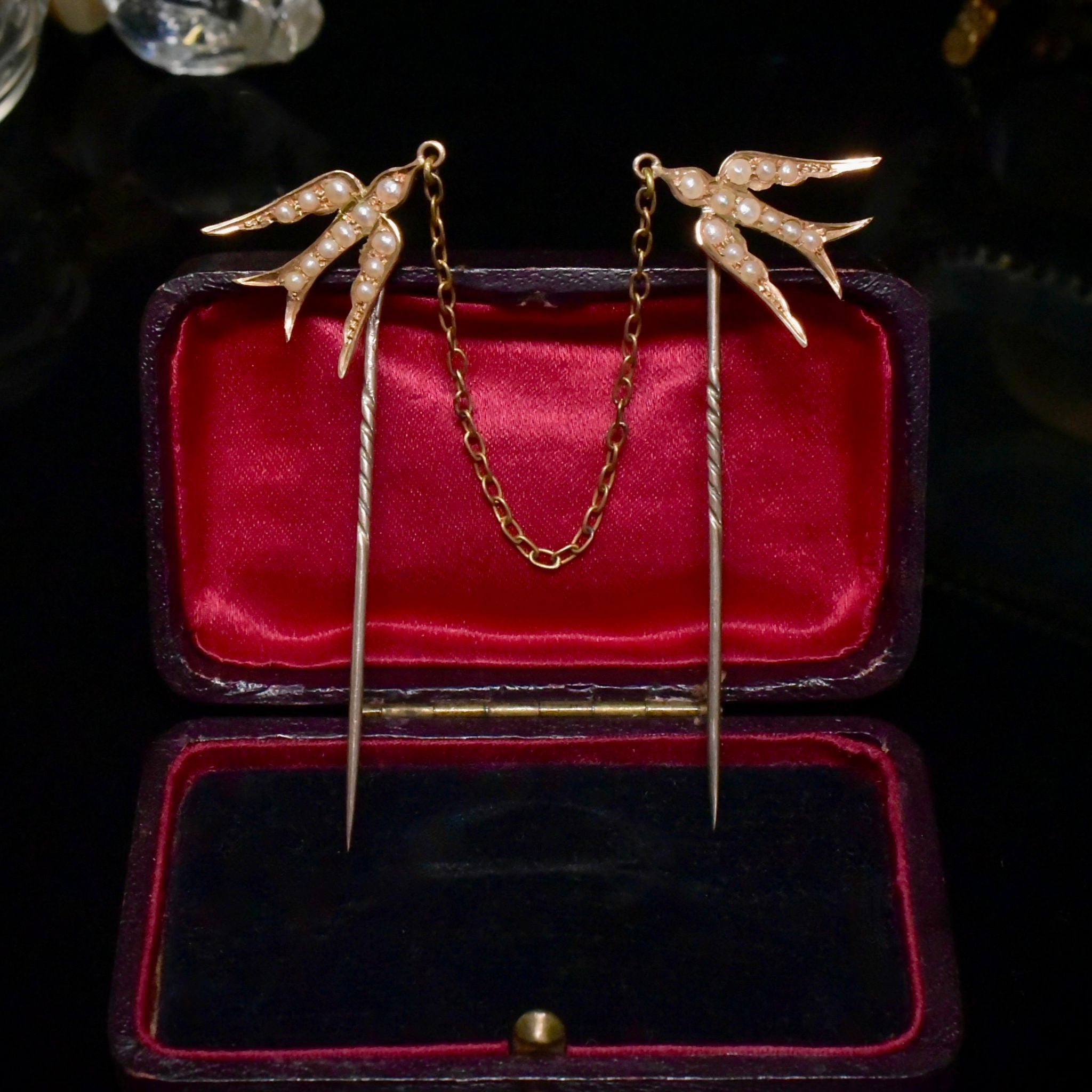 Antique Australian 15ct Rose Gold Double Swallow Seed Pearl Brooch/Pin Circa 1910