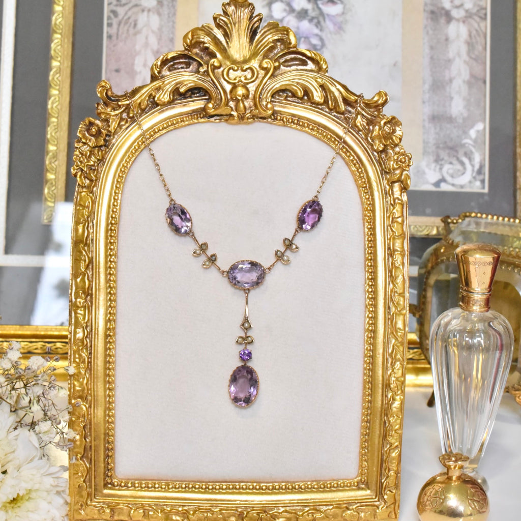 Superb Antique Australian Edwardian 9ct Rose Gold And Amethyst Lavaliere By Aronson And Co. Circa 1910