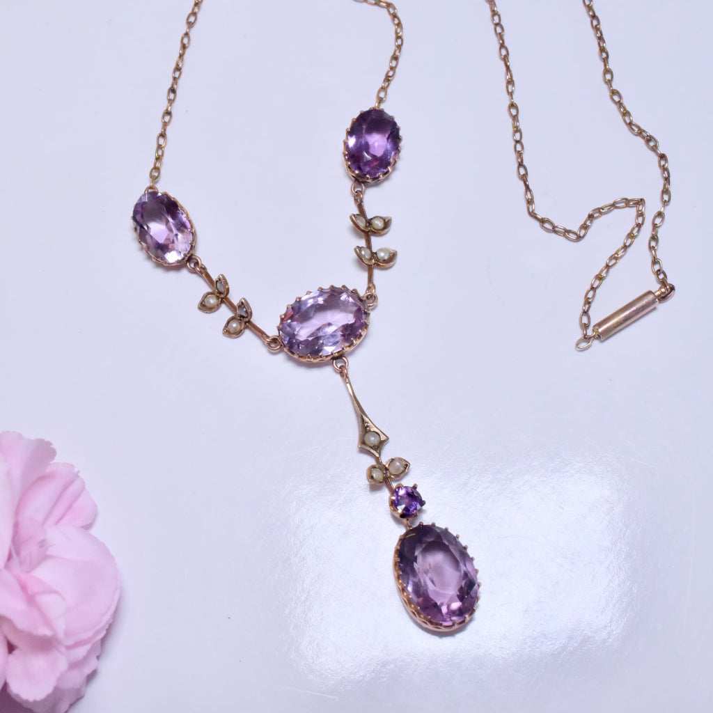 Superb Antique Australian Edwardian 9ct Rose Gold And Amethyst Lavaliere By Aronson And Co. Circa 1910