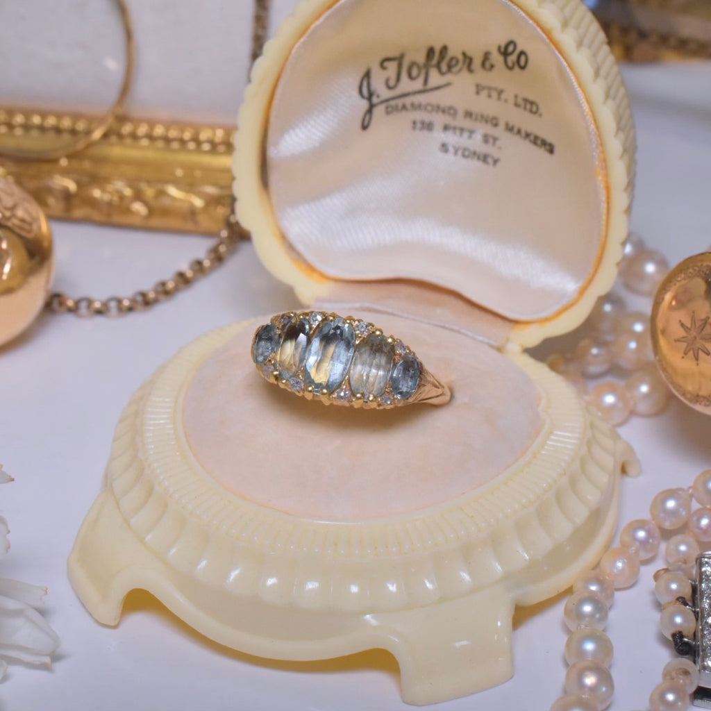 Antique Victorian 18ct Yellow Gold Half Hoop Aquamarine And Diamond Ring - Birmingham 1892