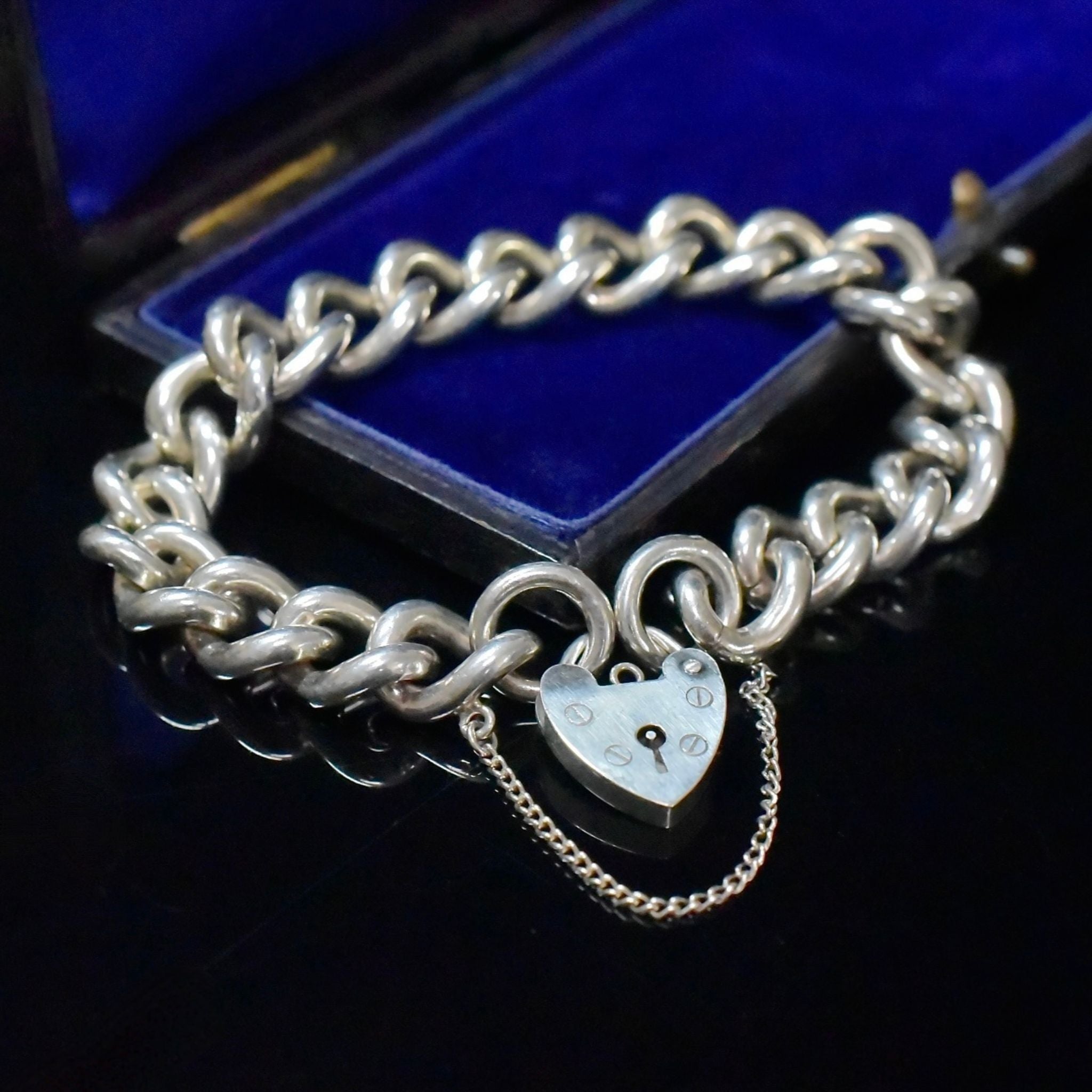 Vintage Sterling Silver Solid Curb-Link Padlock Bracelet - London 1971