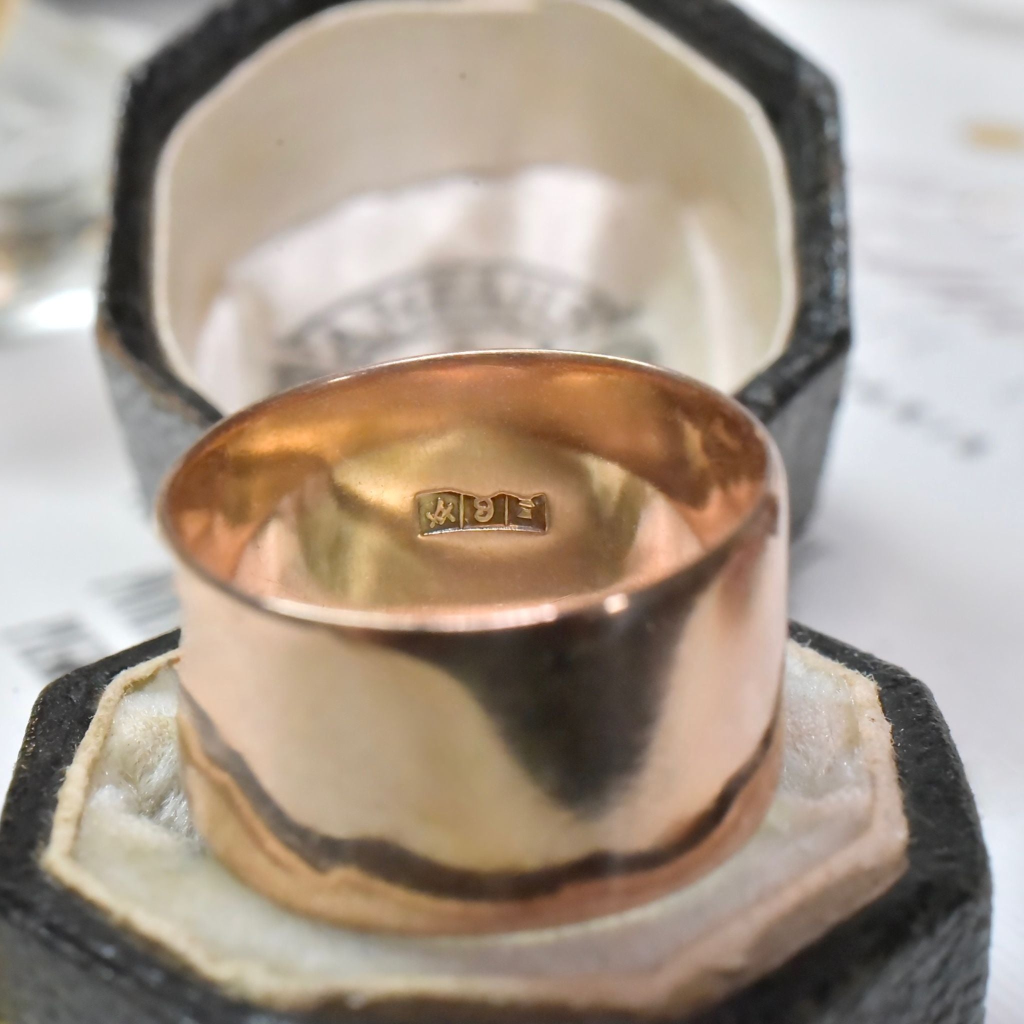 Antique Australian 9ct Rose Gold Wide Cigar Band Ring - Johnson And Simonsen, Melbourne, circa 1900-1910