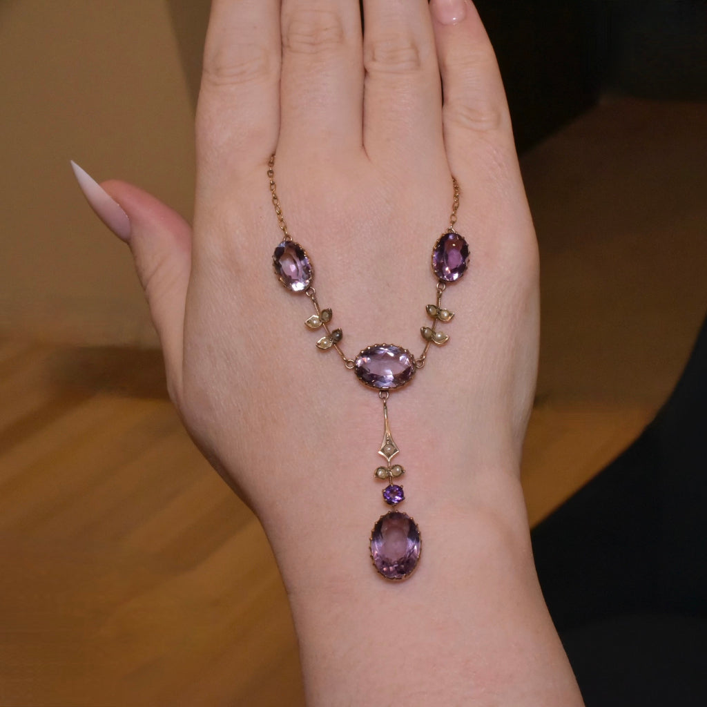 Superb Antique Australian Edwardian 9ct Rose Gold And Amethyst Lavaliere By Aronson And Co. Circa 1910
