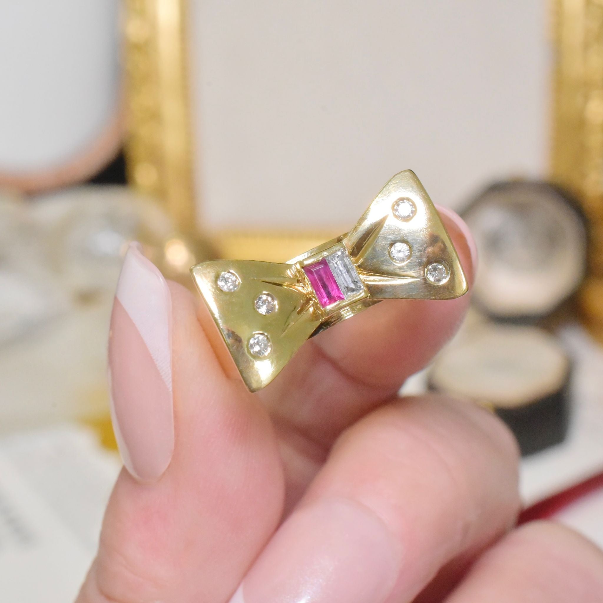Fabulous Retro 18ct Yellow Gold Ruby And Diamond ‘Bow’ Ring Circa 1940-50’s