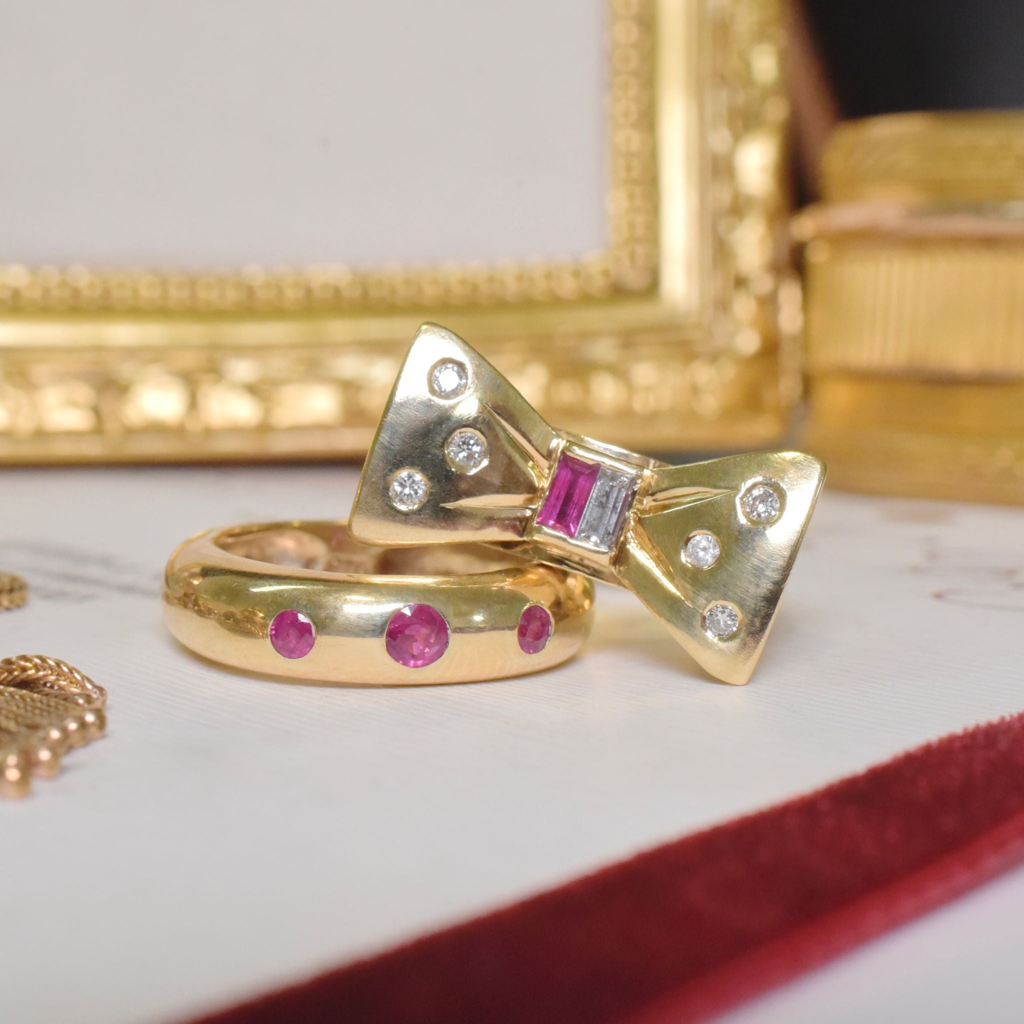 Fabulous Retro 18ct Yellow Gold Ruby And Diamond ‘Bow’ Ring Circa 1940-50’s